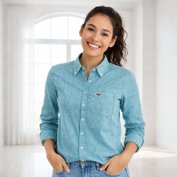 Hollister Tops - 2 for $15 Hollister Aqua Blue & White Check Button Down Shirt – Size Medium